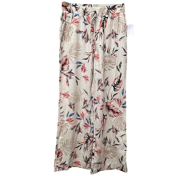 Briggs Wide Leg Pants Linen Blend Beige Floral Size Medium Elastic Waist - Picture 1 of 11